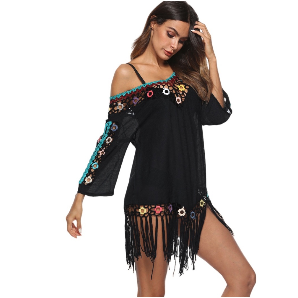 Womens Boho Beach Cover-Up With Tassel Hem - Sexy Crochet V-Neck Beach Dress